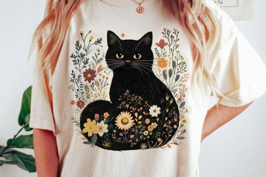 Black Cat And Flowers