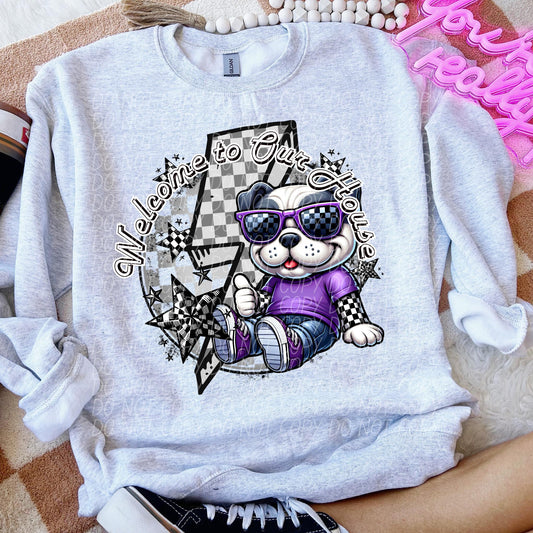 Welcome to our house bulldogs purple (checkered)