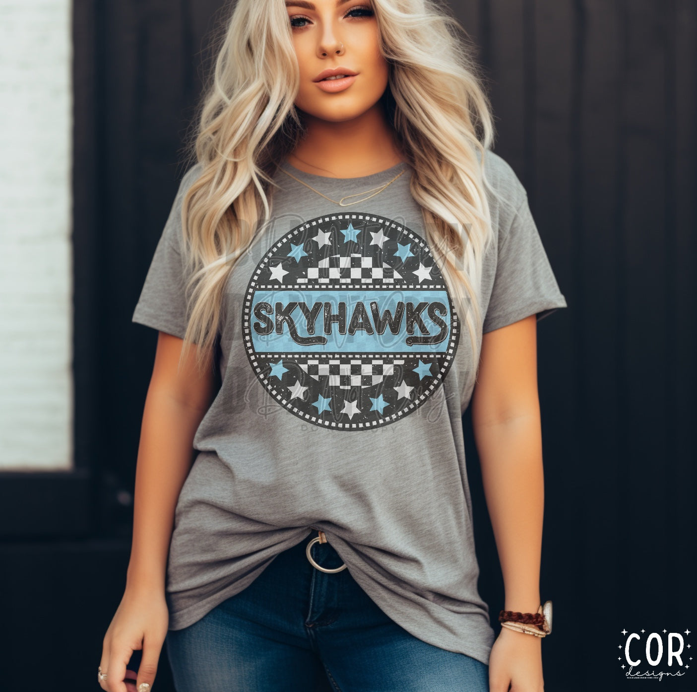 Skyhawks White And Light Blue Stars With Checkered Circle