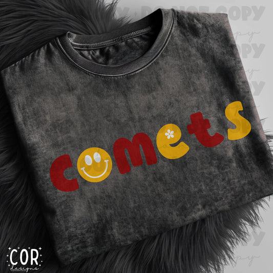 Comets Red And Yellow Flowers And Smiley Face Letters