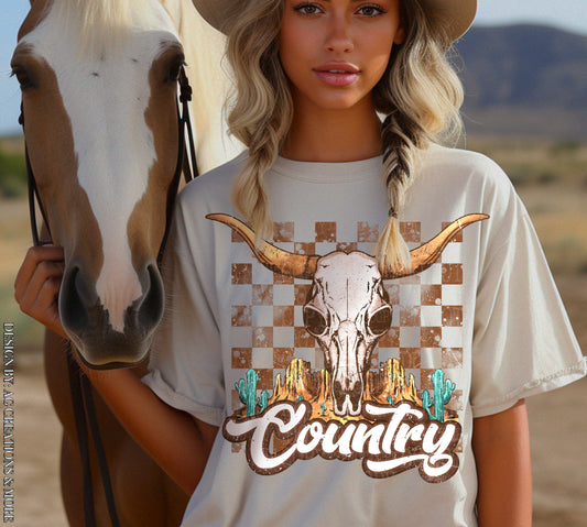 Country Cow Skull Brown Checker Turquoise - DTF Transfer