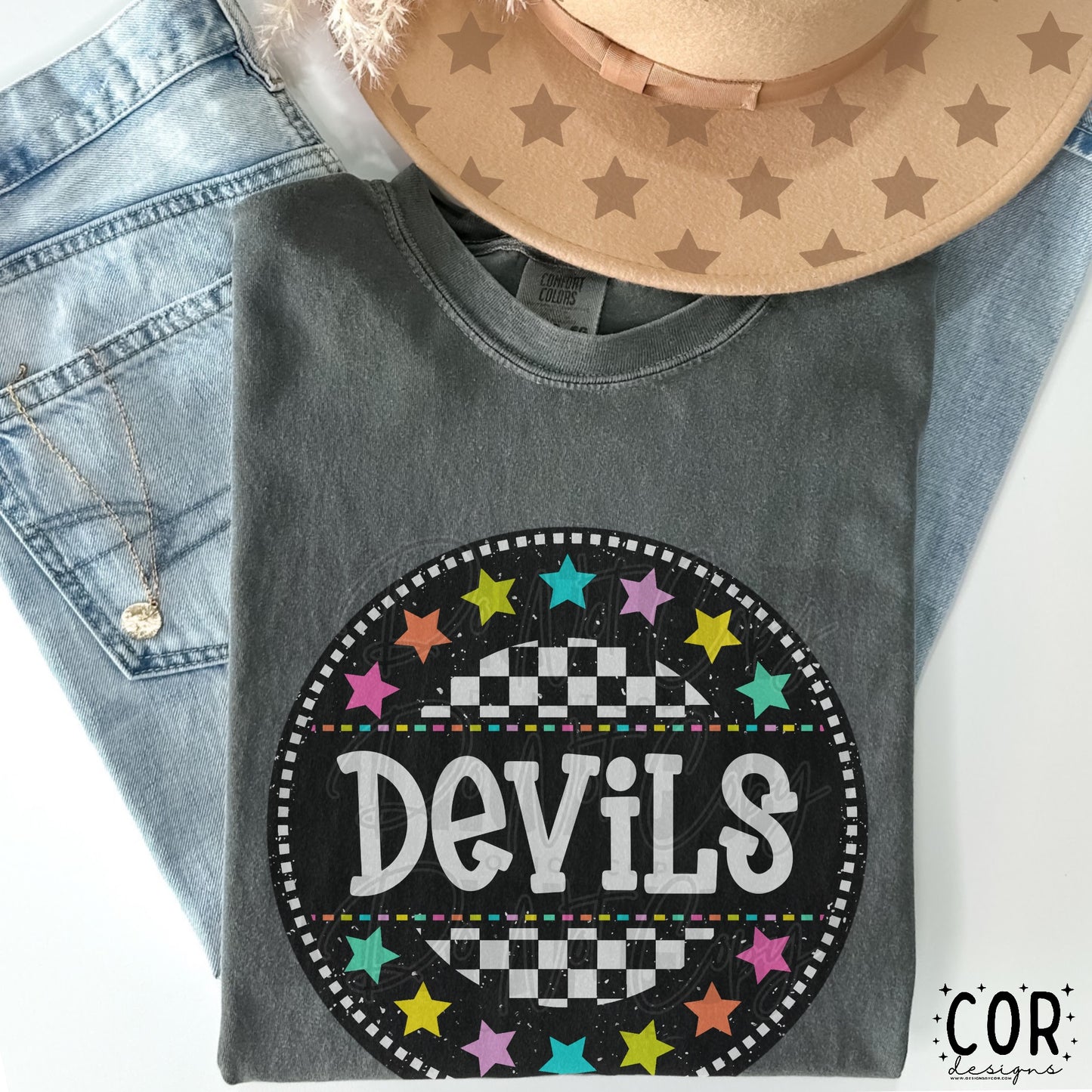 Devils Colored Stars Checkered Circle