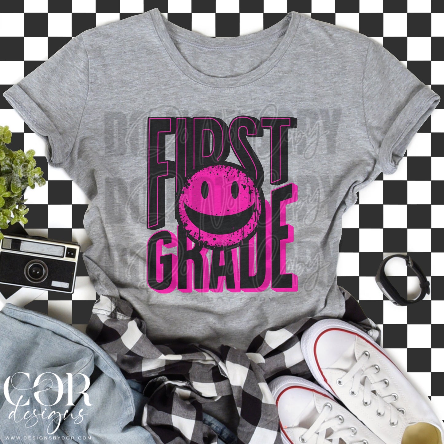 First Grade Pink And Black Smiley Face