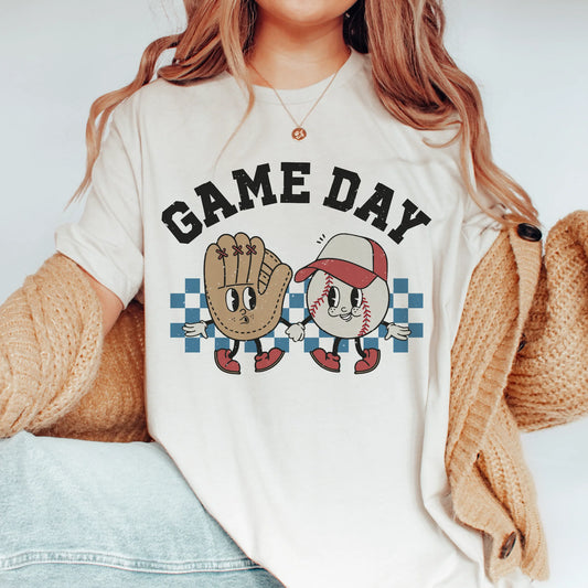 Game day baseball, blue checkered