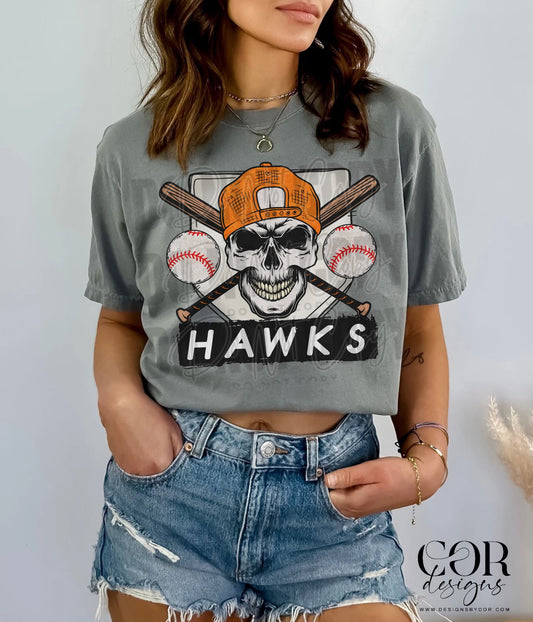 Hawks Orange Baseball With Skull