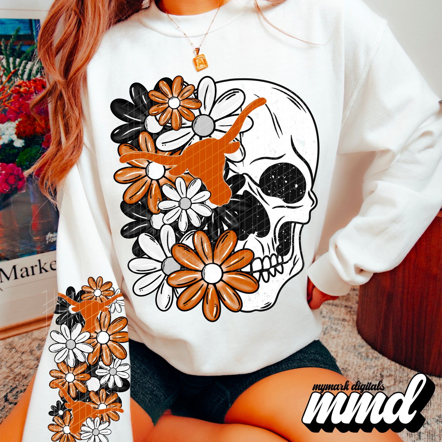 Floral Skull Texas Longhorns - CHEST