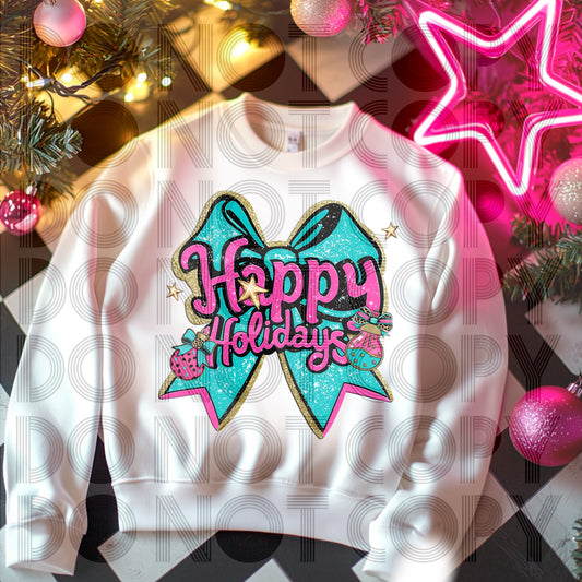 Happy Holidays Pink And Blue Bow