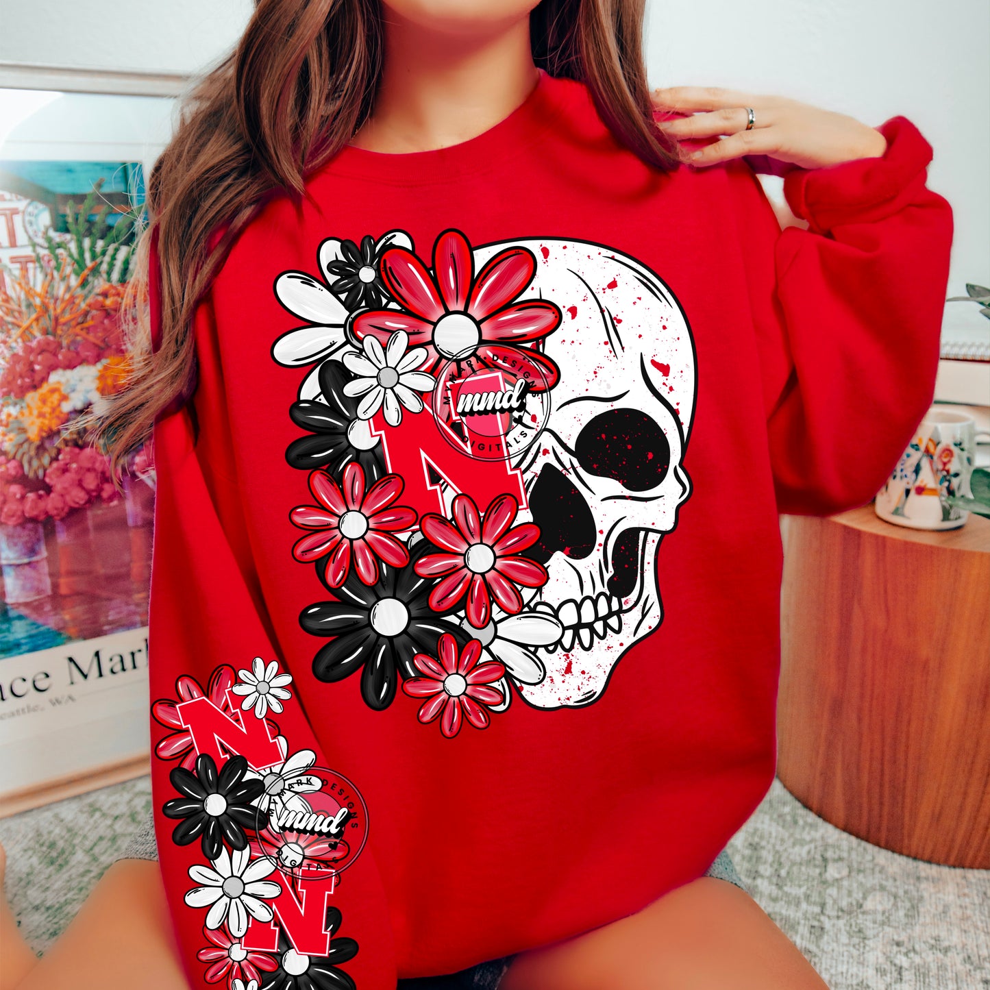Floral Skull Nebraska Huskers - SLEEVE