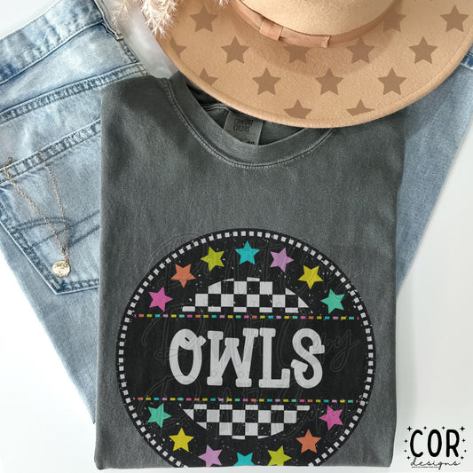 Owls Colored Stars With Checkered Circle