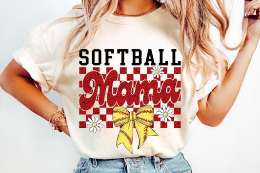 Softball Mama Checkered Bow Floral