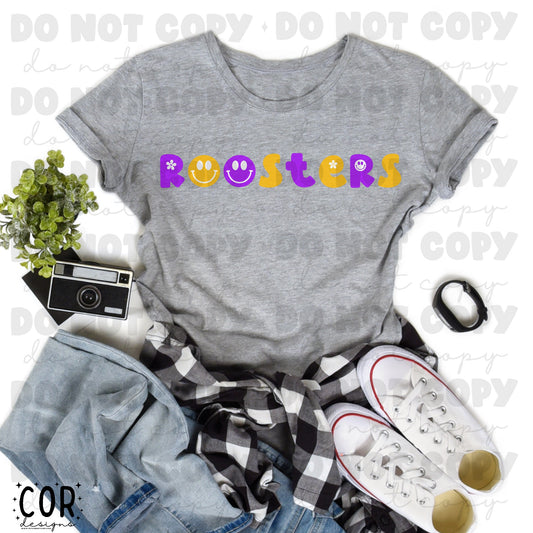 Roosters Purple And Yellow Flowers And Smiley Face Letters