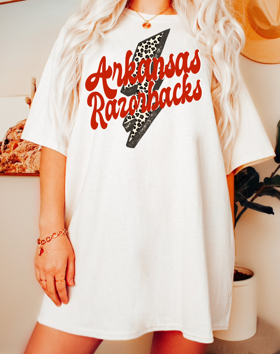 Arkansas Razorbacks with cheetah print lightning bolt