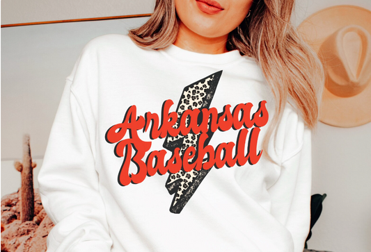 Arkansas baseball with cheetah print lightning bolt