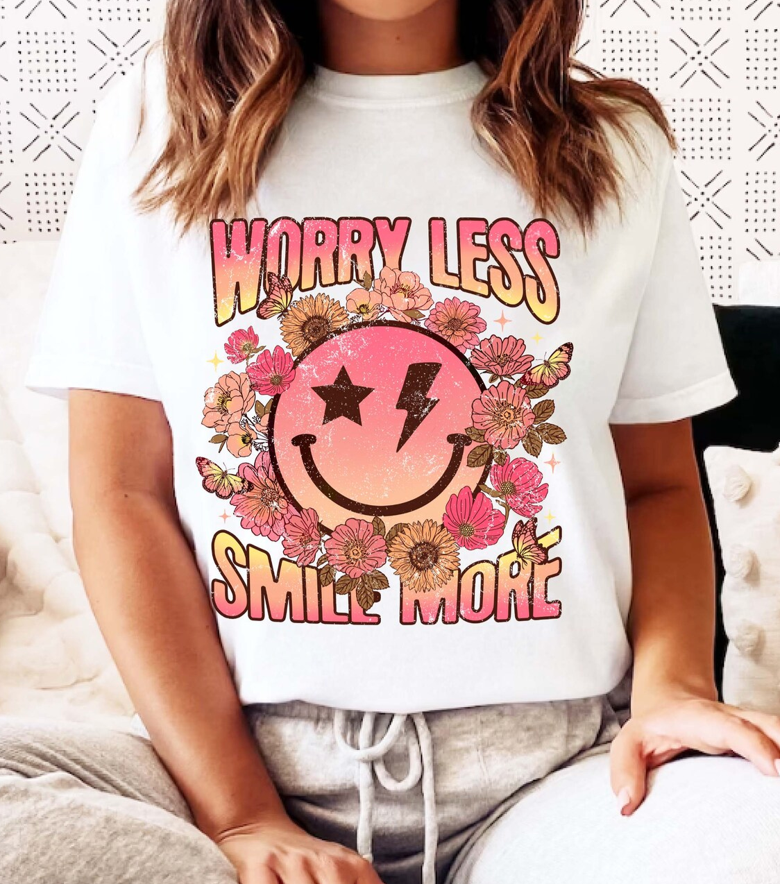 Worry less smile more-pink and yellow