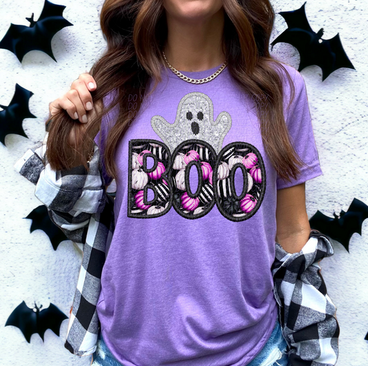 Boo (black and purple pumpkins w/ghost)