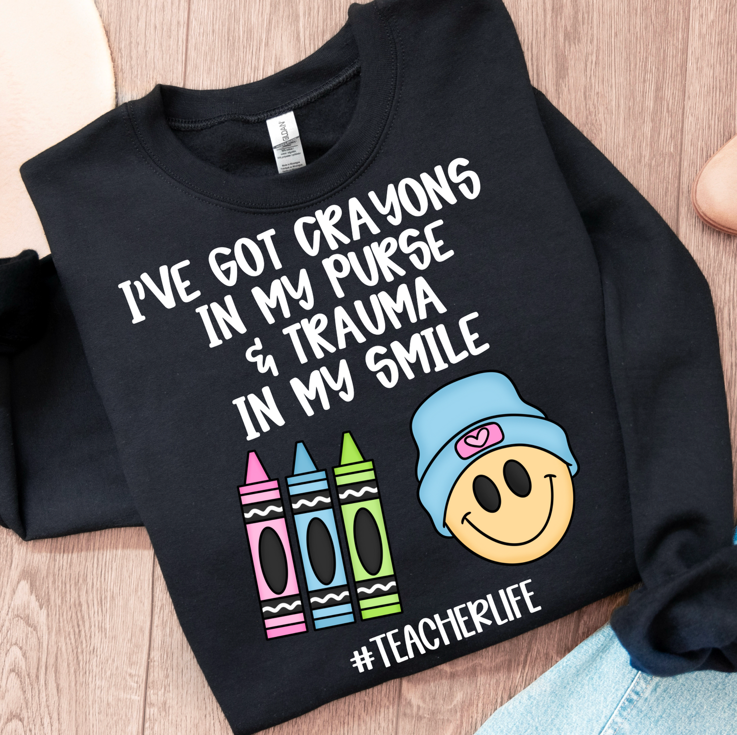 I've got crayons in my purse & trauma in my smile (white)