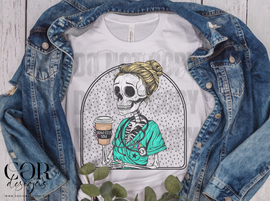 Nurse Skeleton With Bun And Coffee