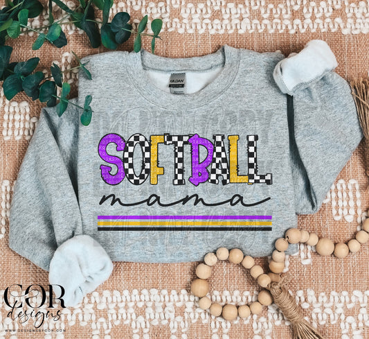 Softball Mama Checkered Purple And Yellow