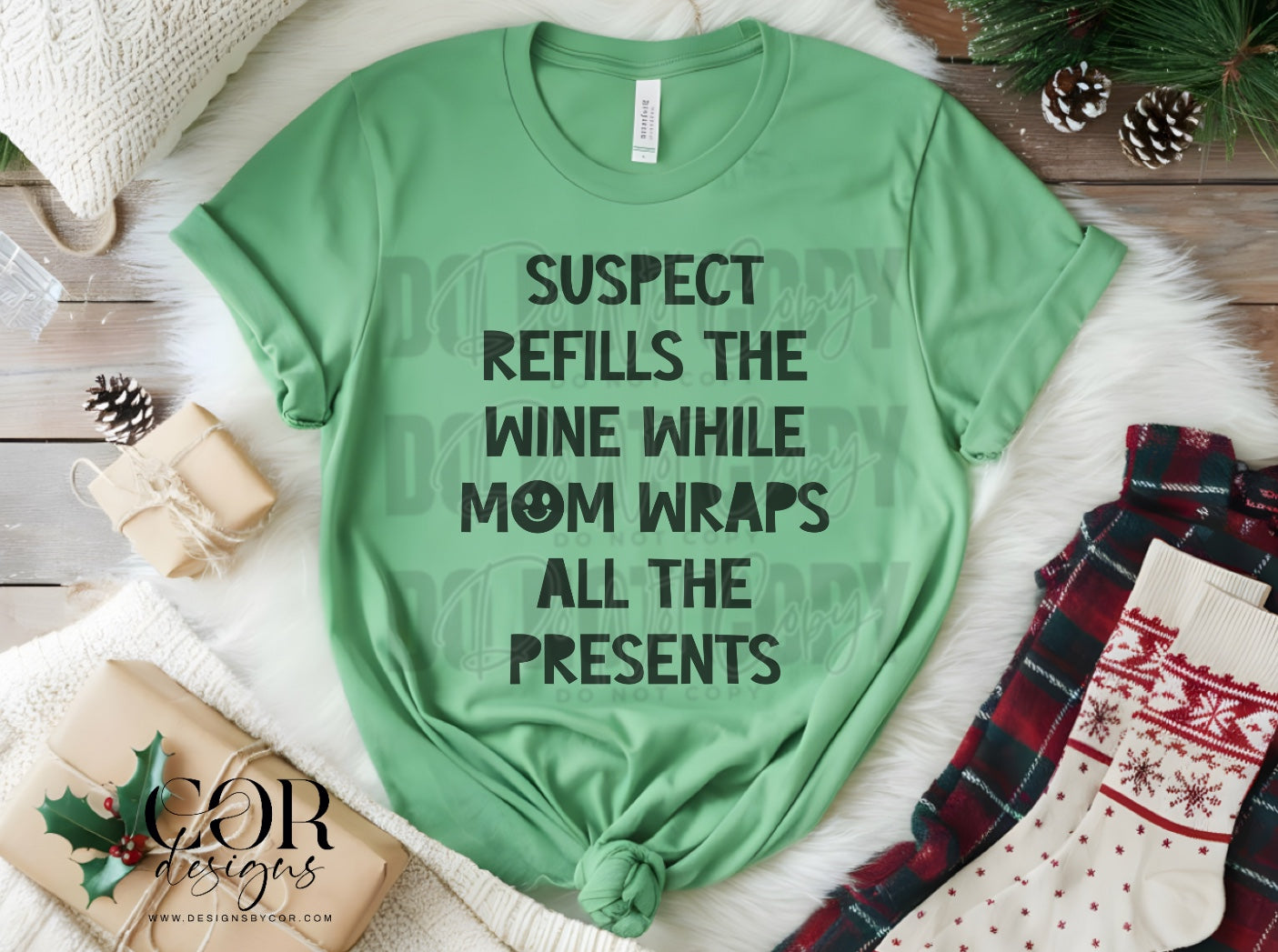Suspect refills the wine while mom wraps are the presents