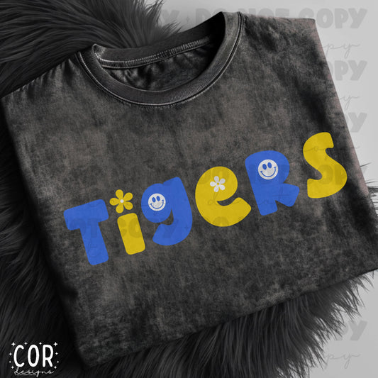 Tigers Blue And Yellow Flowers And Smiley Face Letters
