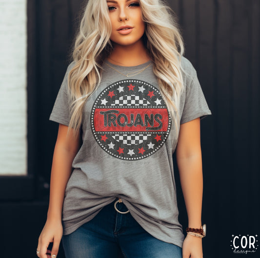 Trojans White And Red Stars Checkered Circle