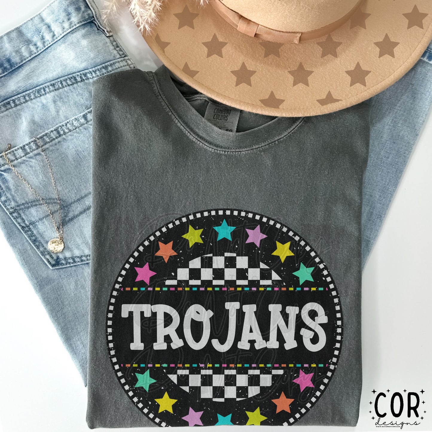 Trojans Colored Stars With Checkered Circle