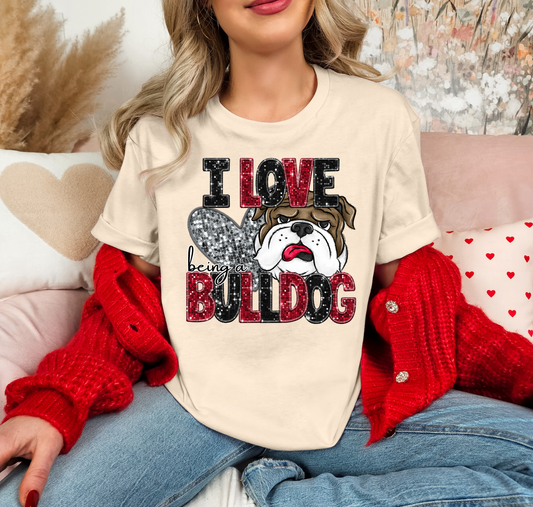 I Love Being A Bulldog Red Sparkles Silver Heart