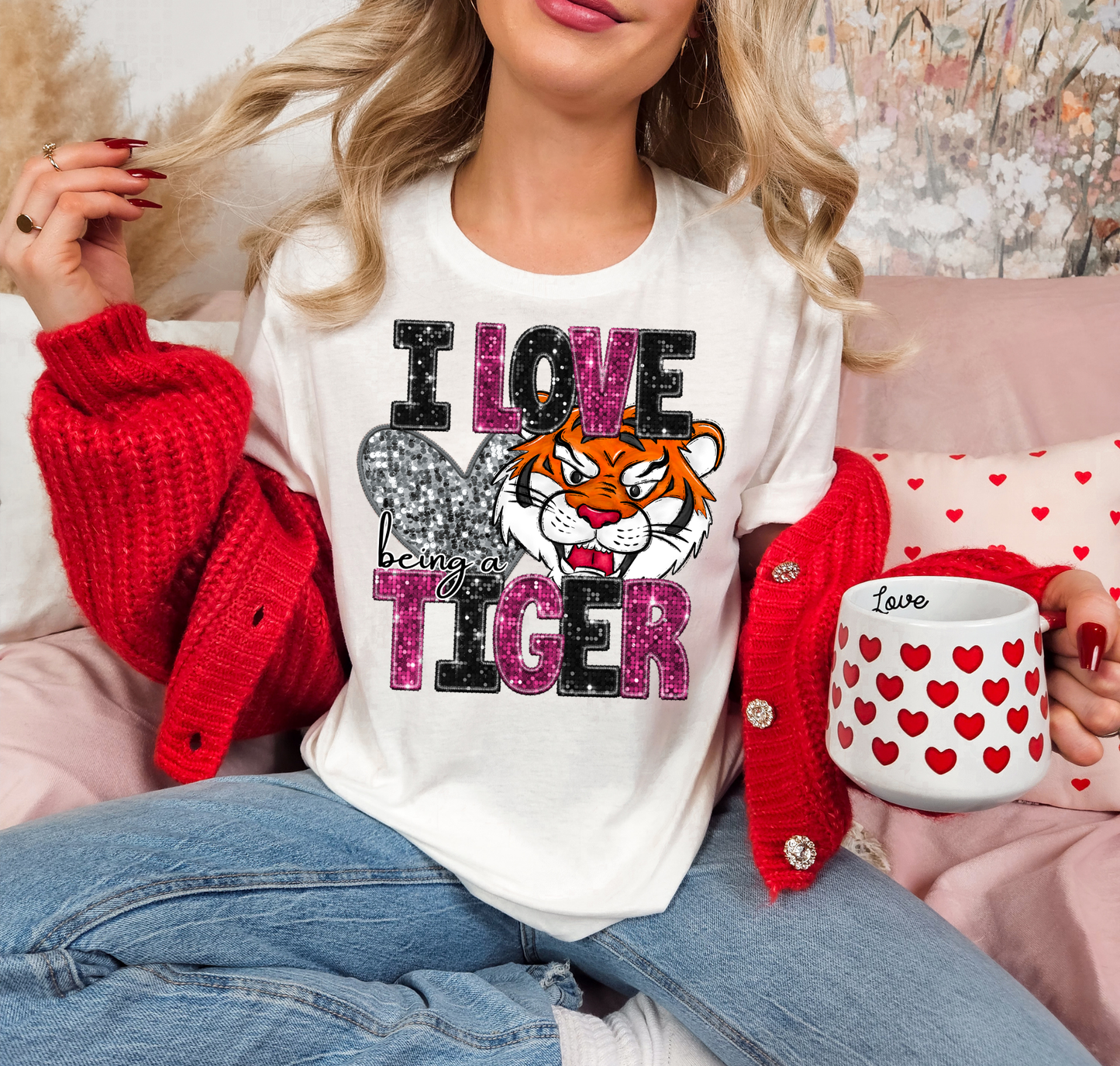 I Love Being A Tiger Pink Sparkles Silver Heart