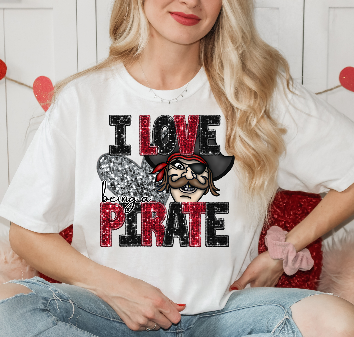 I Love Being A Pirate Red Sparkles Silver Heart