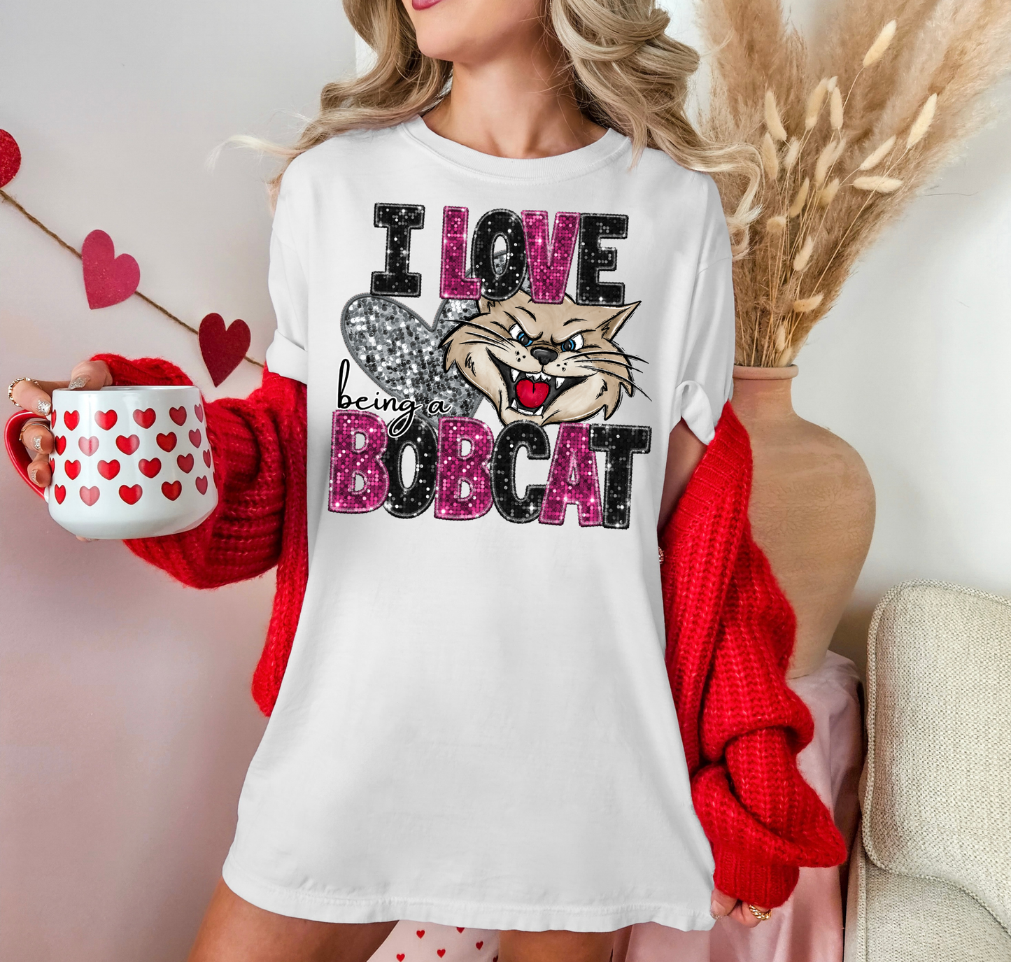 I Love Being A Bobcat Pink Sparkles Silver Heart