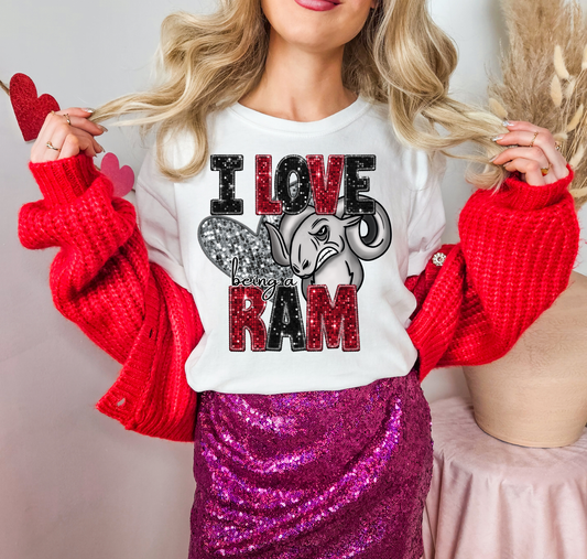 I Love Being A Ram Red Sparkles Silver Heart