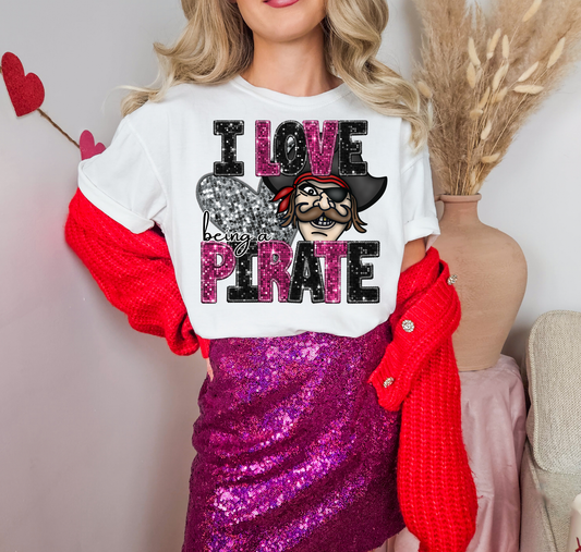 I Love Being A Pirate Pink Sparkles Silver Heart