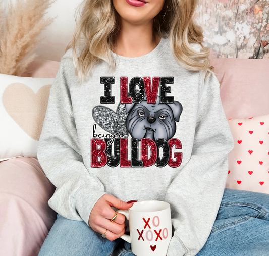I Love Being A Bulldog Red Sparkles Silver Heart