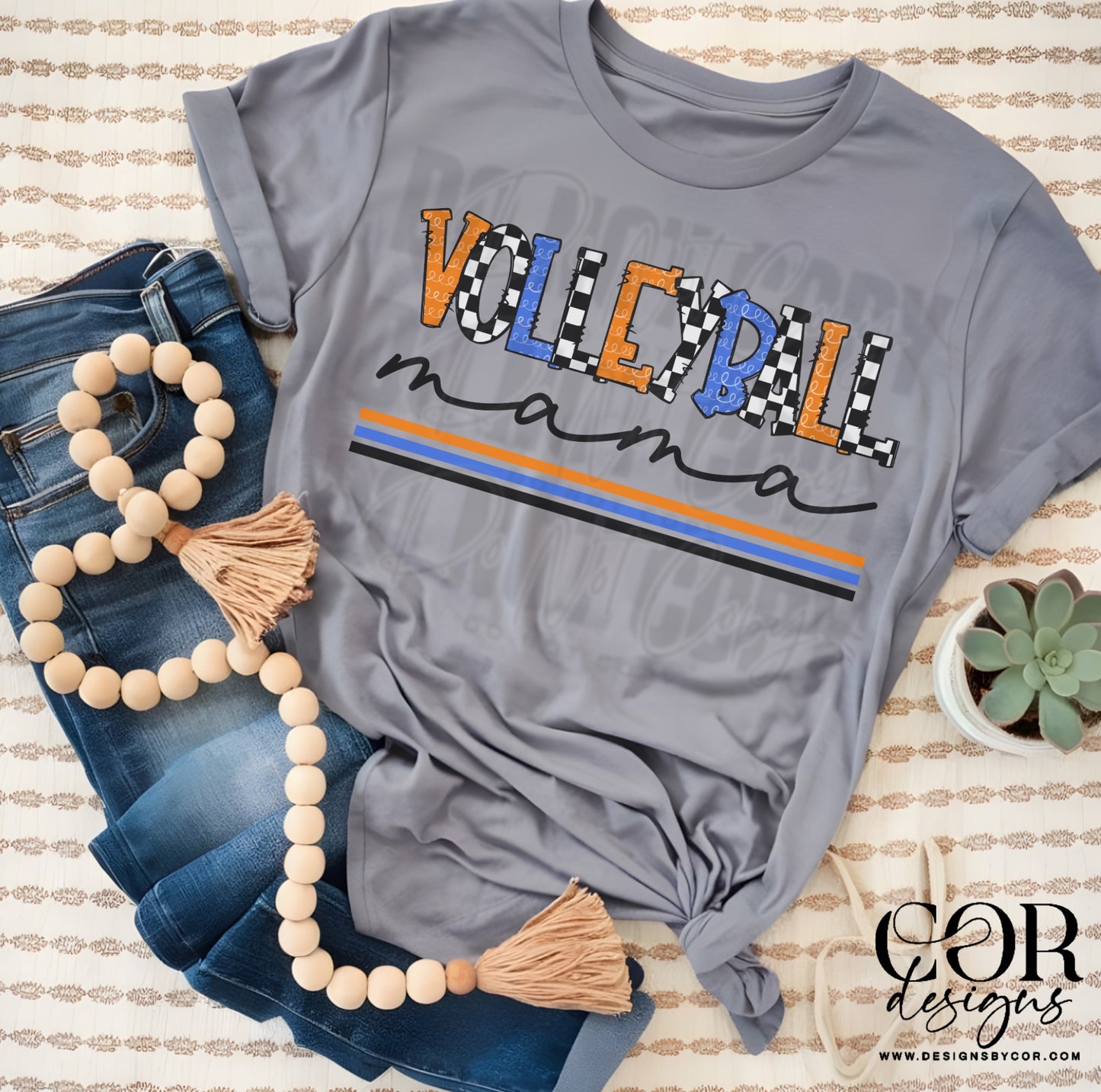 Volleyball Mama Checkered Orange And Blue