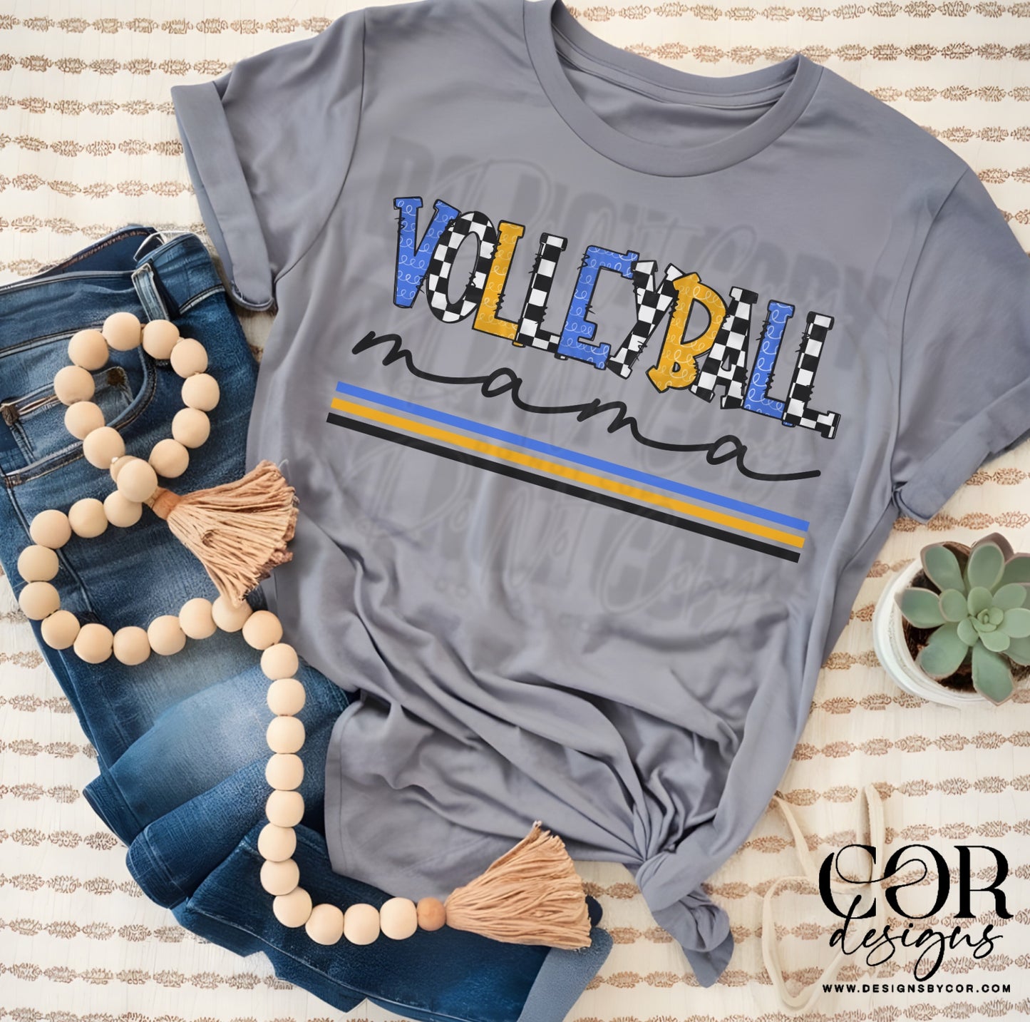 Volleyball Mama Checkered Blue And Yellow