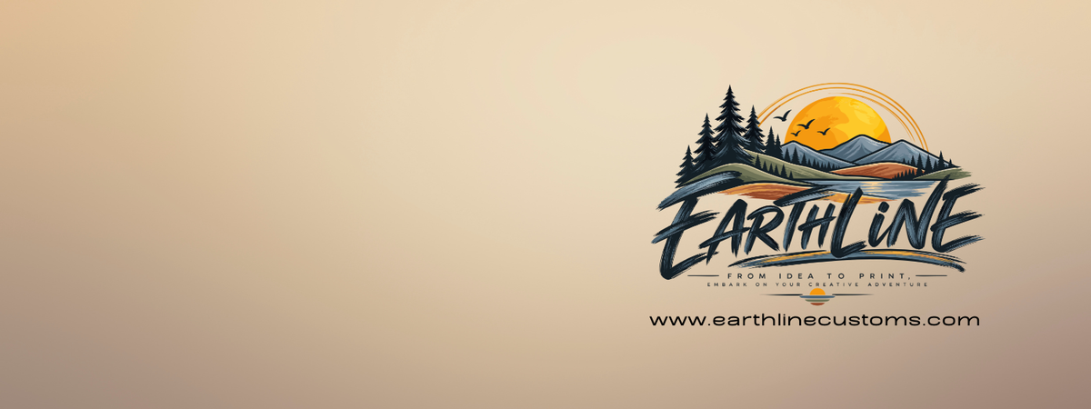 Earthline Customs logo featuring mountains, pine trees, and a golden sun with the tagline “From Idea to Print.”