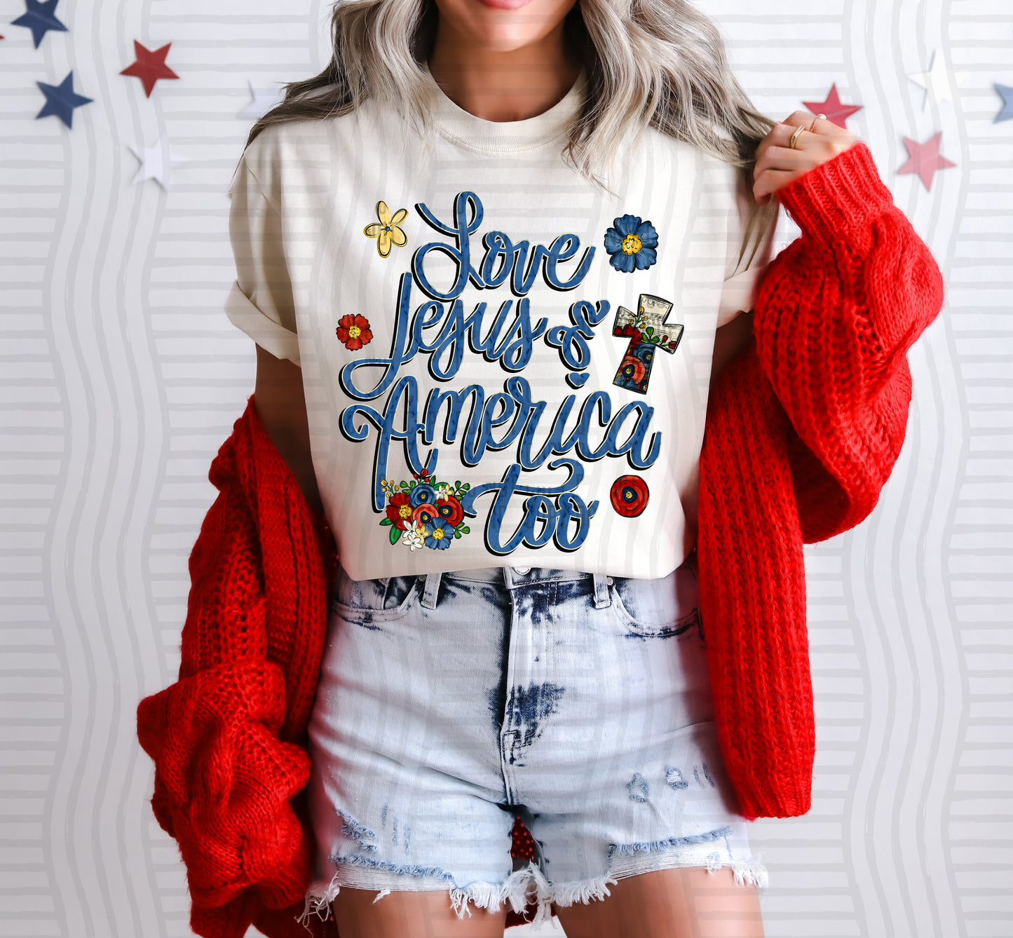LOVE JESUS & AMERICA TOO RED WHITE & BLUE