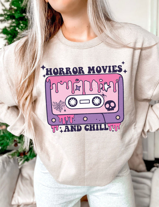 Horror movies and chill, pink and purple cassette tape