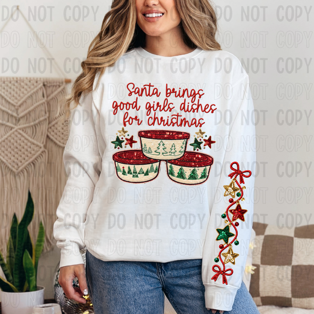 Santa Brings Good Girls Dishes for Christmas - Sequins CHEST