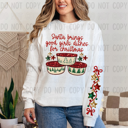 Santa Brings Good Girls Dishes for Christmas - Sequins CHEST
