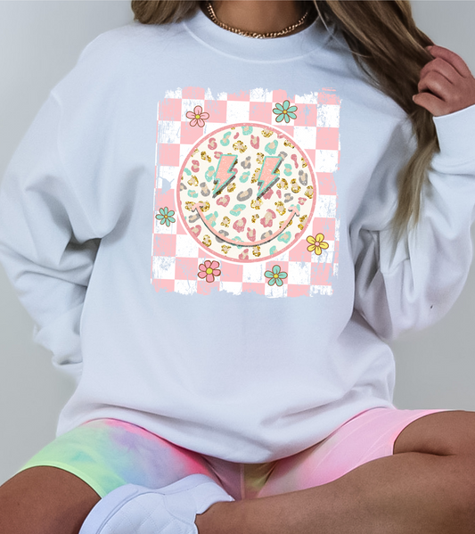 Pink & White Checkered Leopard Smiley Face