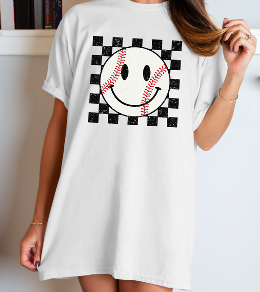 Distressed Checkered baseball Smiley Face