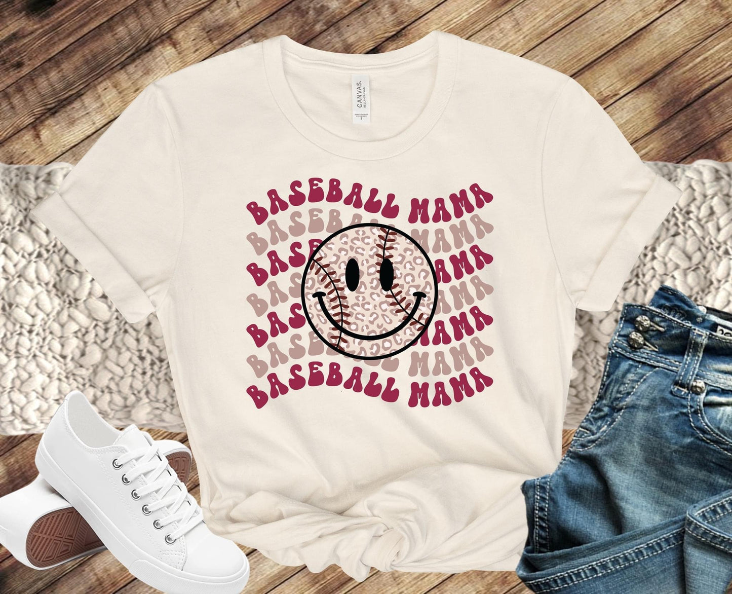 Wavy Stacked Baseball mama Smiley